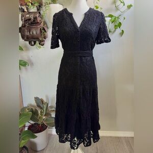 Nanette Lepore Black Lace Button-Front Midi Dress | Size 12